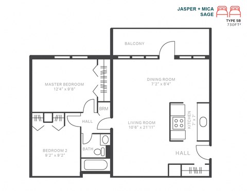 Floor plan for 2 beds, 1 bath, 730 sqft
